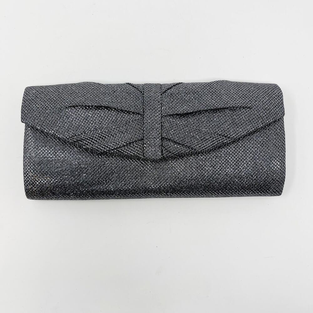 Lulu Townsend Gray Glitter Clutch Evening Bag Purse Bow Detail Snap Closure